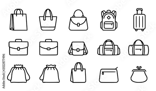 Photos Fashion Handbags and Travel Luggage Line Icon Set Featuring Tote Bags Backpacks