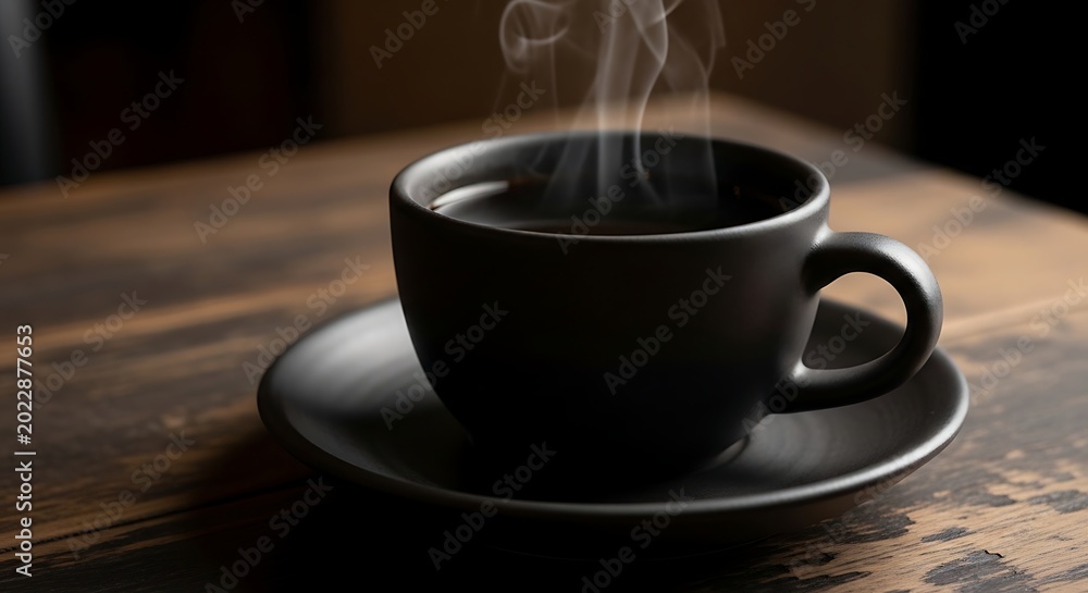 Obraz premium A steaming cup of black coffee sits on a dark wooden table, creating a cozy and inviting atmosphere.
