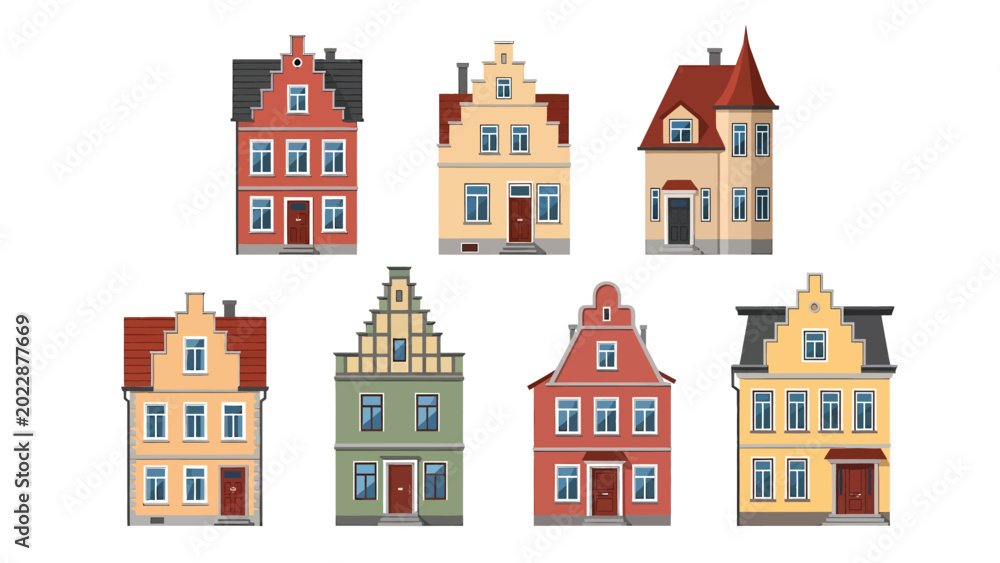 Fototapeta premium Set of colorful cartoon old European houses with gables and multiple windows, isolated on a white background, representing traditional architecture.