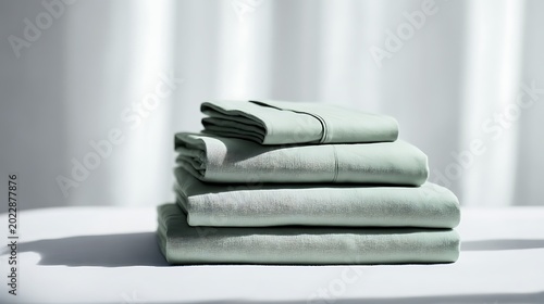 Minimalist Stack of Green Bed Linens / グリーンで統一されたミニマルなベッドリネンのスタック