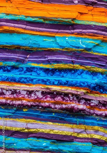 A macro view of vibrant sedimentary rock layers showing colorful mineral deposits in shades of orange, blue, purple, and gold textures, canyon, mineral, slate