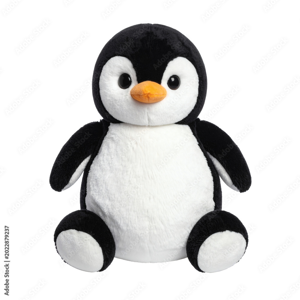 Fototapeta premium Adorable plush toy representation of a baby emperor penguin featuring soft black and white fur and a bright orange beak&nbsp;