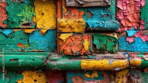 Layers of Time: A weathered, textured wall showcases a vibrant mosaic of peeling paint in shades of green, yellow, red, and blue, revealing glimpses of aged wood beneath.
