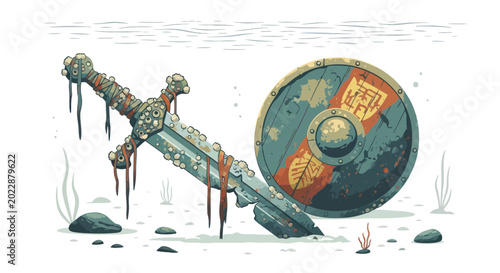 Bild auf Leinwand Ancient Sword and Shield Underwater, Pixel Art
