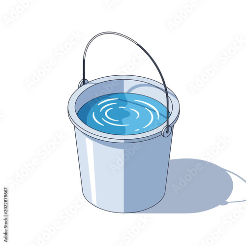 Full Bucket of Water with Ripples, Isometric View, Isolated on White