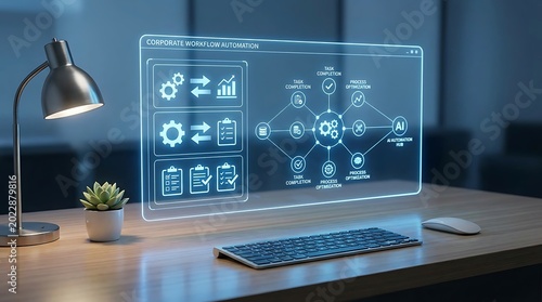 A computer monitor displays a futuristic interface on a desk with a lamp and plant in a dark room.