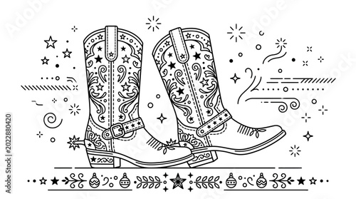 Detailed line art illustration of decorative western cowboy boots.