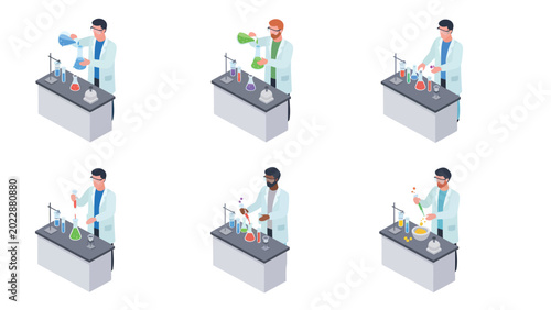 Set of isometric illustrations showing scientists performing various experiments in a laboratory with flasks and beakers.