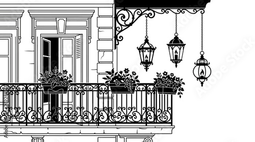 Foto Elegant classic iron balcony with hanging vintage lanterns and flower boxes