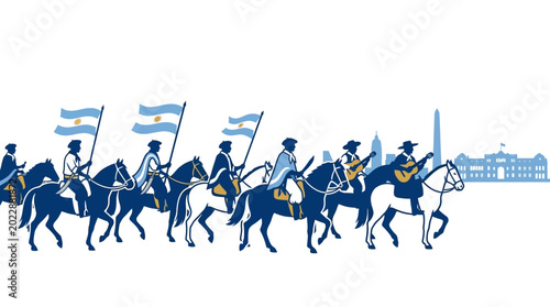 Foto Group of Argentine gauchos riding horses with national flags.