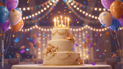 Happy birthday cake with candles festive party celebration warm lights