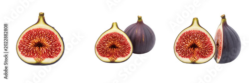 Cuadro en lienzo Fresh purple fig fruits whole and halved isolated transparent background healthy