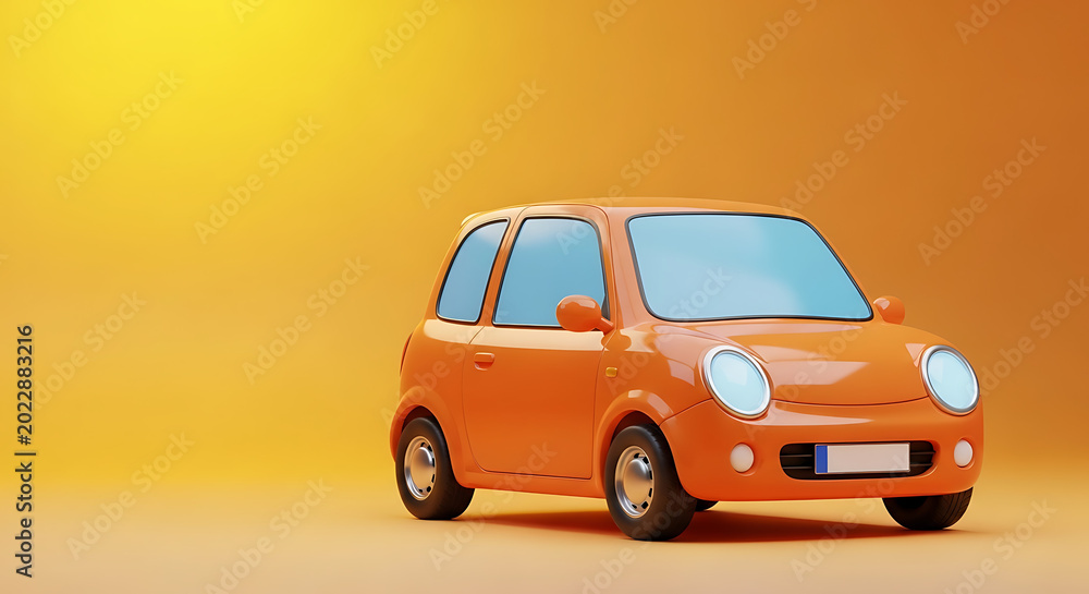 Fototapeta premium Small orange compact car side view studio shot with car rental automobile transport automotive mobility transportation