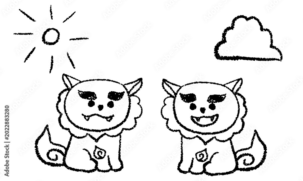 Fototapeta premium 屋外にいるシーサーの手描きイラスト