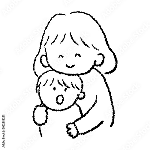 いとおしいそうに子供を抱きしめる女性の手描きイラスト