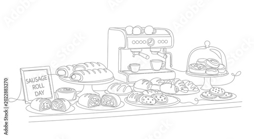 Quadro su tela Hand-drawn illustration of a bakery display with sausage rolls, pastries, and coffee machine