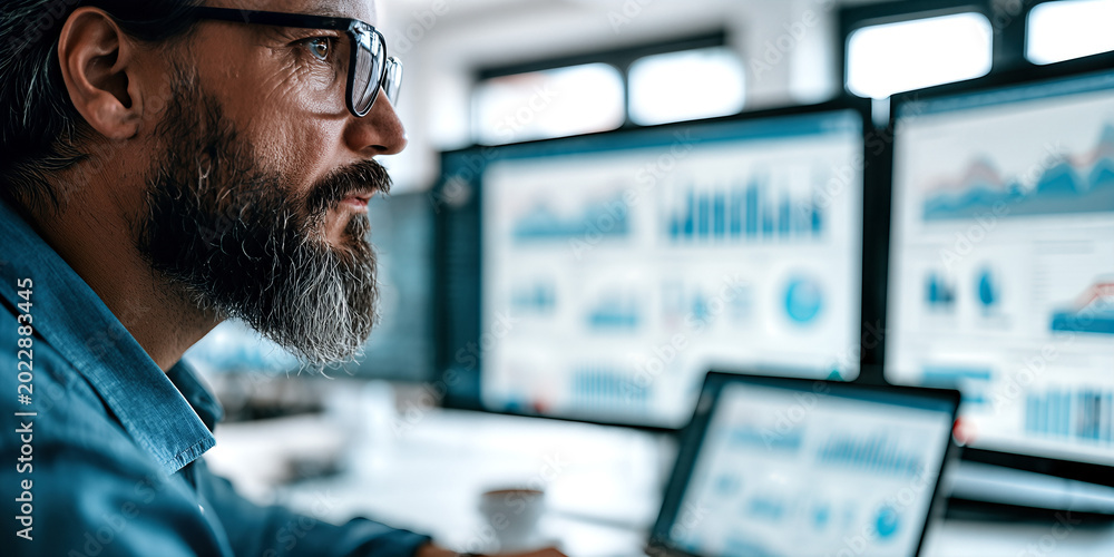 Fototapeta premium Focused Professional: Man Analyzes Data, Surrounded by Tech, in a Vibrant Office Space