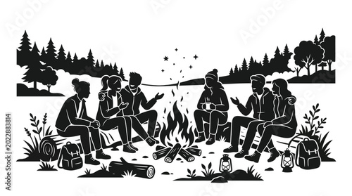 Quadro su tela Group of diverse friends sitting around a campfire at night.