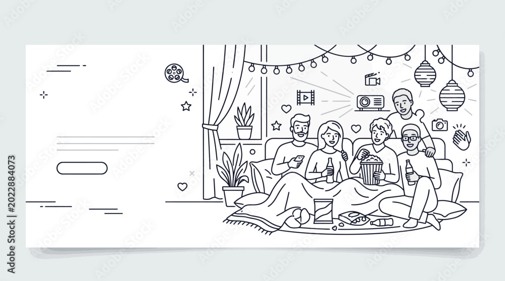 Naklejka premium Group of friends sitting on sofa watching movie together.