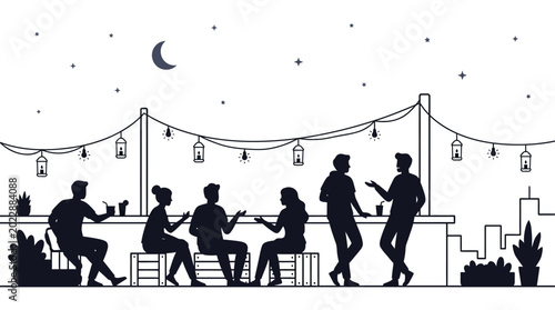 Group of friends socializing at a rooftop bar silhouette.