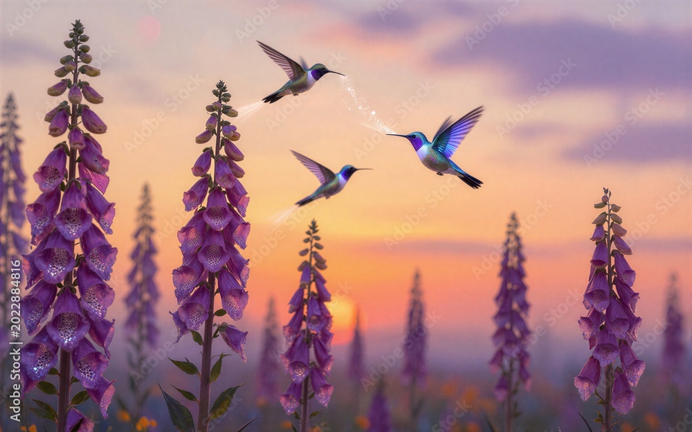 Fototapeta premium Hummingbirds dance among purple foxgloves at golden sunset.