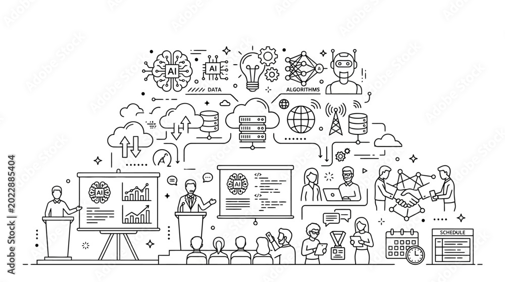 Naklejka premium Hand drawn doodle illustration of artificial intelligence and data technology conference.