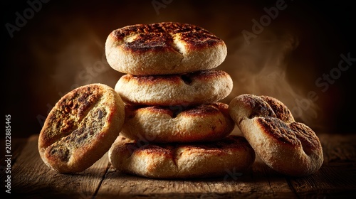 Golden Brown Scones Stacked: A rustic stack of golden-brown scones, lightly dusted with flour, sits invitingly on a wooden surface, with a gentle steam rising, hinting at their fresh, warm state.