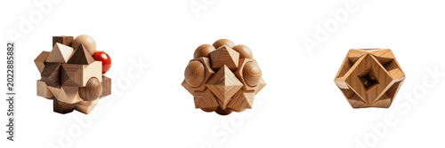 Foto Abstract Geometric 3D Wooden Puzzle Brainteaser Logic Toy Game On Transparent Ba