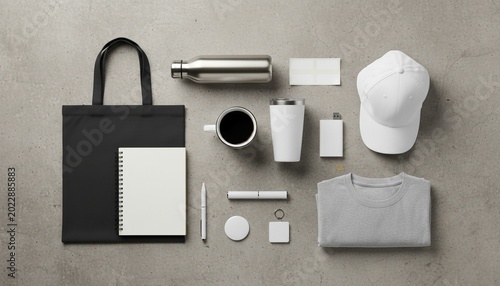 A flat lay mockup featuring a variety of customizable promotional merchandise. perfect for showcasing your brand and designs
