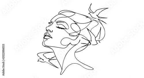 Fotografi Abstract surrealist continuous line art portrait of a woman's face merging with