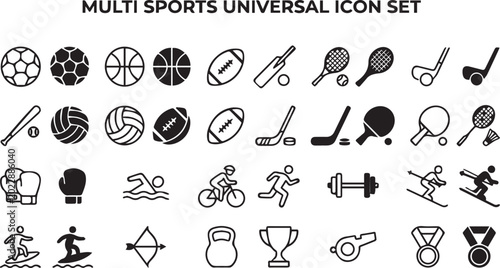 Universal multi-sports flat icons set in black and white