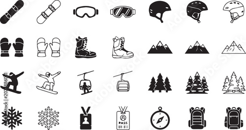 Winter sports equipment and activity icons set
