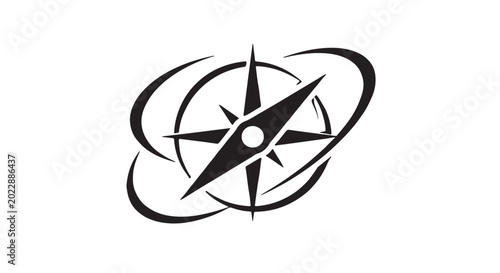 Schilderij op canvas Minimal black compass icon fused with abstract orbital rings, isolated white bac