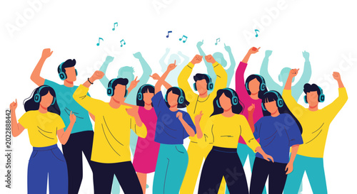 Schilderij op canvas Diverse group of people dancing and listening to music with headphones, energeti