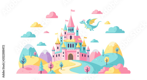 Fantasy Castle with Dragon, Fairytale Landscape, Princess Dream