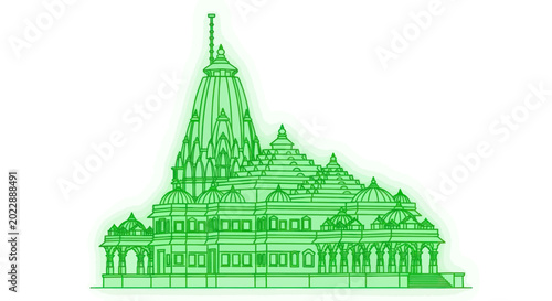 Obraz na płótnie Indian Temple Architecture Outline Neon Green Glow on White Background