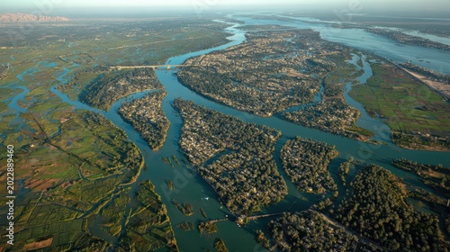River Delta Landscape: An expansive aerial view captures the intricate network of waterways within a lush river delta.