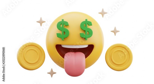 3D Render of a Yellow Emoji Face with Dollar Sign Eyes and Gold Coins Isolated on White Background