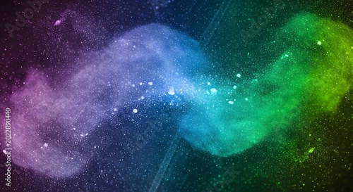 An abstract dark blue night sky background featuring a deep outer space galaxy with a bright nebula, starry cosmos, and a fantasy planet illustration