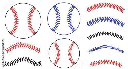 Photos Baseball Stitching Elements: Balls and Curves in Red, Blue, and Black