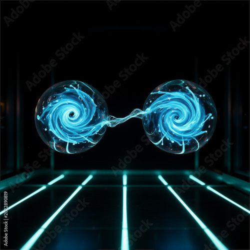 Quantum teleportation and communication experiment, twin spheres with glowing blue entangled fluid vortex in dark science laboratory, copy space