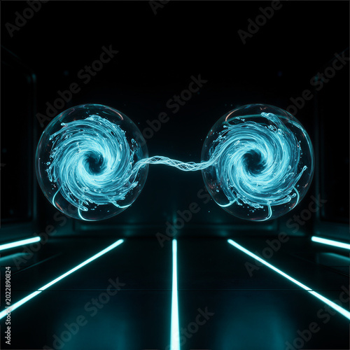 Quantum teleportation and communication experiment, twin spheres with glowing blue entangled fluid vortex in dark science laboratory, copy space