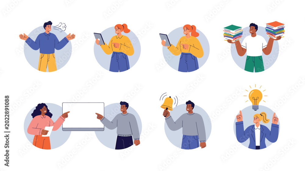 Fototapeta premium Set of diverse people expressing various emotions, holding books, using tablets, and presenting ideas, concept illustrations.