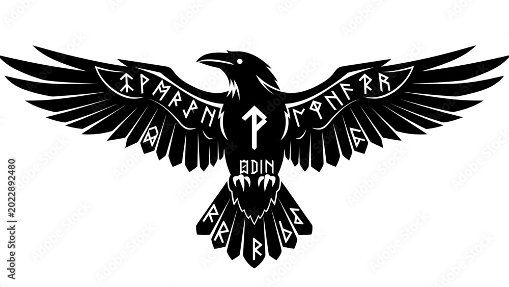 Fototapeta premium Norse Raven Symbol with Runes Vector Illustration