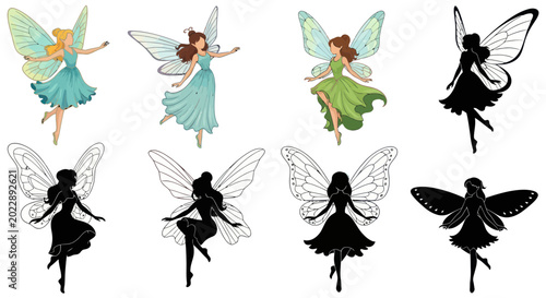 Фотография Set of Fairies - Colorful Illustrations and Silhouettes