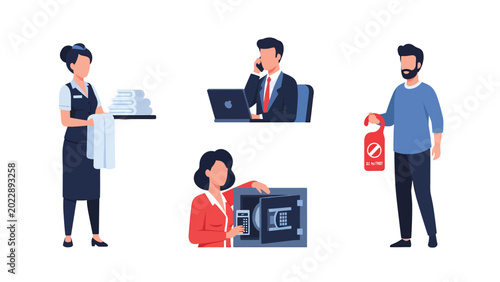Set of icons representing hotel services and business activities, including a maid with towels, a businessman on the phone, a woman with a safe, and a guest with a do not disturb sign.