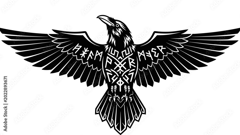 Fototapeta premium Norse Raven Symbol with Ancient Runes Illustration