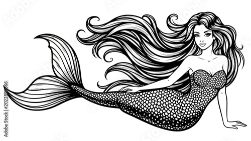 Fotografía Black and White Mermaid Illustration with Long Flowing Hair