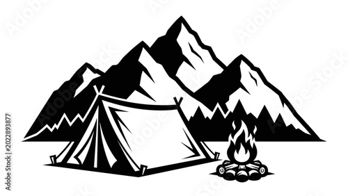 Fotografie Camping scene with tent bonfire and mountain landscape illustration