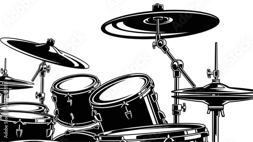 Sticker Black and White Drum Kit Illustration